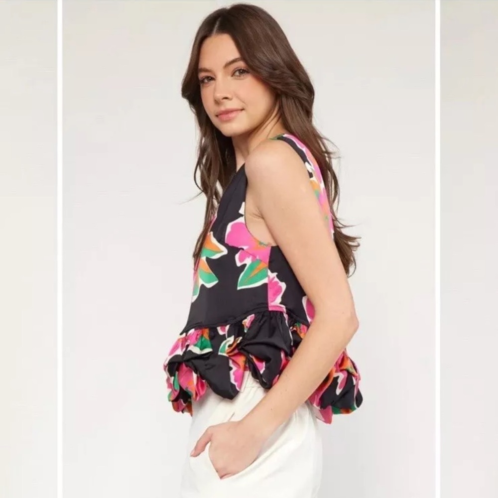 Entry Ruffle Hem Satin Floral blouse. New with tags.
